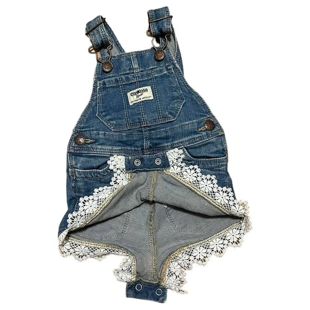 OshKosh Denim Short‎ Overalls Baby Girls 6M Floral Lace Trim Adjustable Straps
